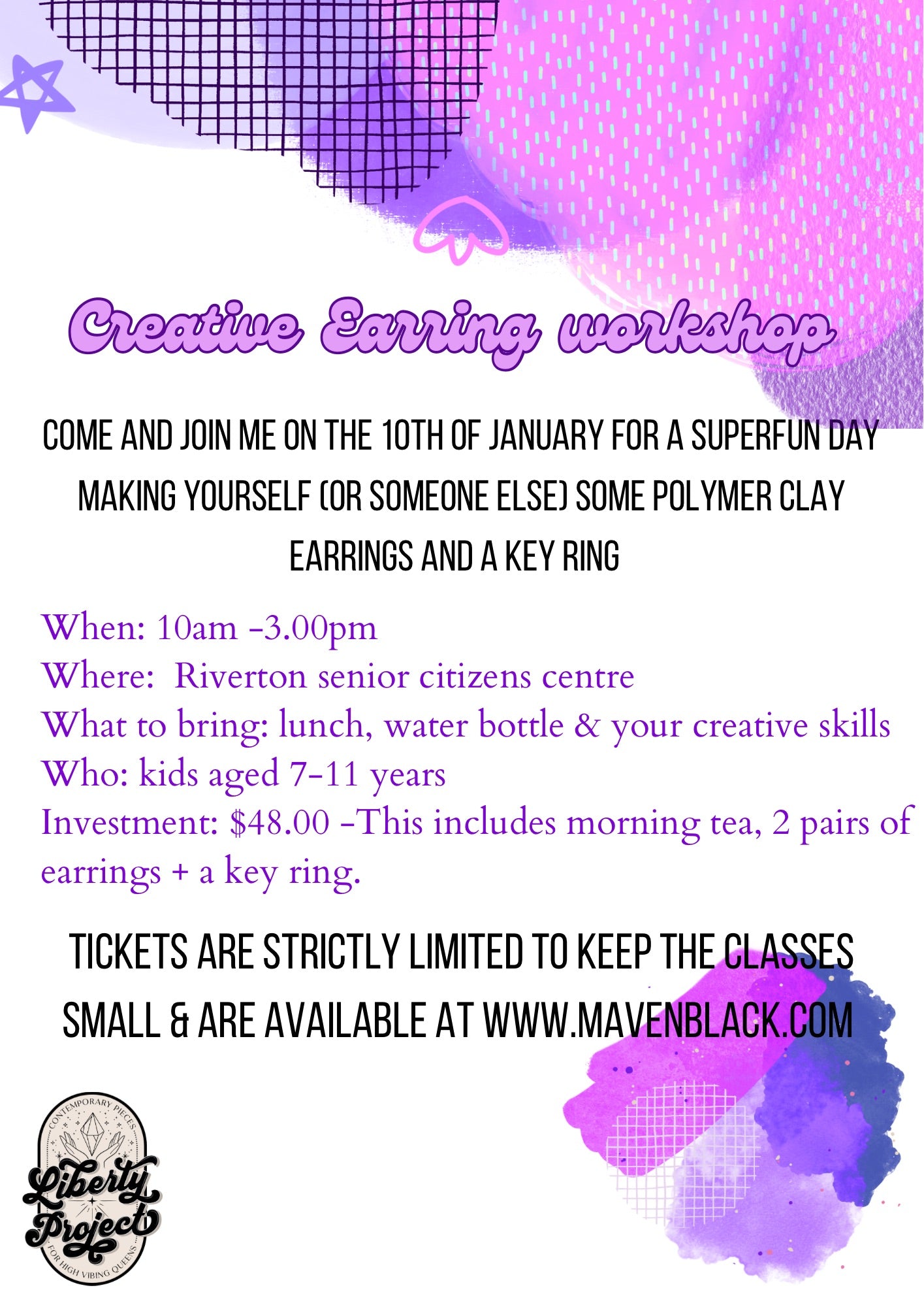 January 10th 7-11 year old earring workshop.